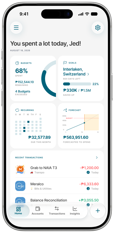 The Cash Captain home screen showing 68% of budgets spent, a savings goal for a trip to Interlaken, Switzerland, a recurring-bills calendar due this month, a monthly spending forecast, and a list of recent transactions.