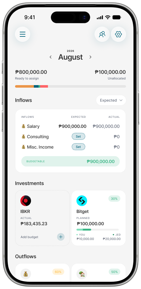 The Cash Captain budgets screen for August 2026, showing expected inflows like salary and consulting income, ₱100,000 unallocated, and investment budgets split between two people, You and Jed.