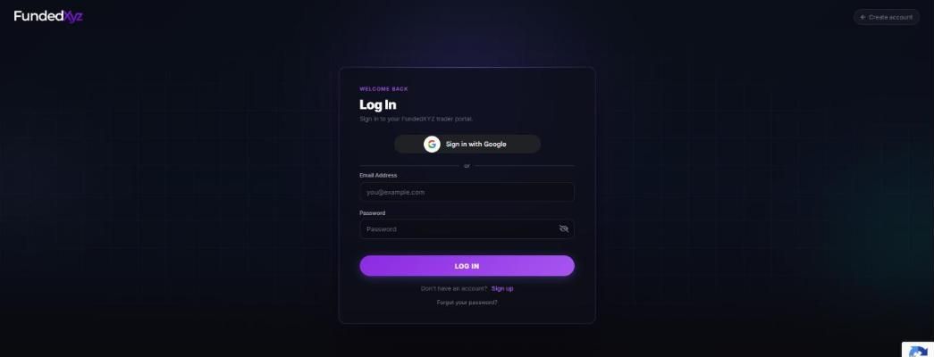 The FundedXyz trader portal sign-in screen, showing email and password fields and a sign-in-with-Google option.